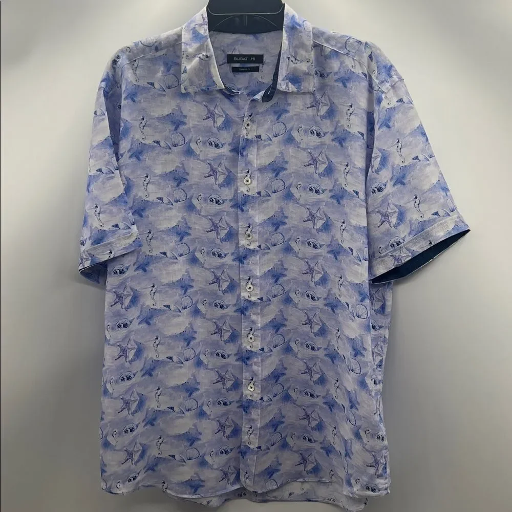 Bugatchi Shaped Fit Men's Linen Blue Sea Life Short Sleeve Shirt